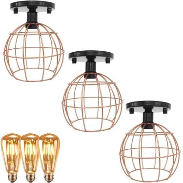 Imagem de 3 Lustre Teto Plafon + 3 Lâmpada Led St64 Industrial Aramado Globo Retrô Luminária Vintage