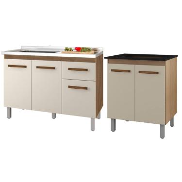 Imagem de Kit Balcão Para Pia 120 cm Anita + Balcão Para Cooktop Jade 4 Bocas - Savana/Off-White