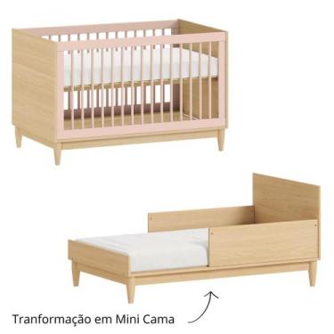 Imagem de Berço vira Cama 2 em 1 em MDF  Rosa com Carvalho - Quater