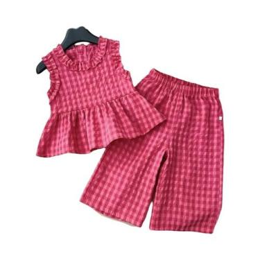 Imagem de Conjunto De Roupas Infantis Com Camisa Sem Mangas Em Xadrez Retro E Ca