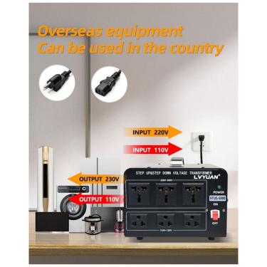 Imagem de Transformador Conversor de Voltagem LVYUAN 5000W Preto Step Up/Down 110-120V/220-240V com 3 Tomadas US e 3 Universais
