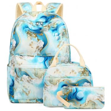 Imagem de Mochila escolar Bluboon juvenil feminina azul e branco marmorizado, conjunto 3 peças com bolsa lateral e estojo, para notebook 35,5 cm