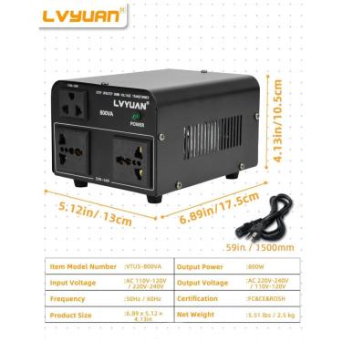 Imagem de Transformador Conversor de Voltagem LVYUAN 800W Preto Step Up/Down 110-120V/220-240V com 2 Tomadas US e 2 Universais VTUS-800 110V