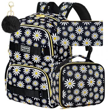 Imagem de Mochila AGSDON 3PCS Daisy preta para notebook 17" com lancheira e estojo