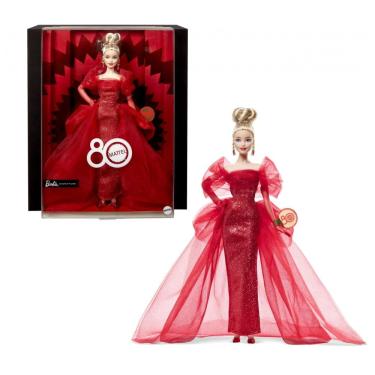 Imagem de Boneca colecionável Barbie Signature Mattel 80 Anos loiro com vestido vermelho em tule e acessórios 2025