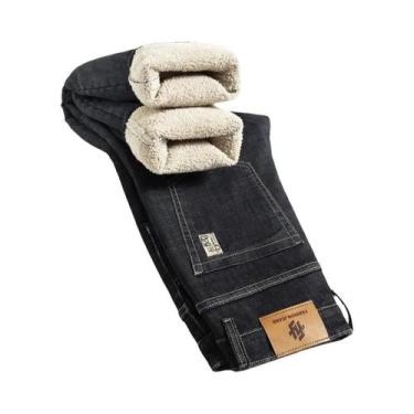 Imagem de Calça Jeans Masculina De Inverno Grossa Com Forro De Lã, Cintura Alta,