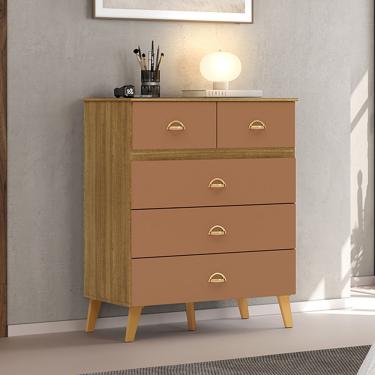 Imagem de Cômoda Isadora 5 Gavetas em MDF com Puxador Plástico Amadeirado para Quarto Estilo Retrô