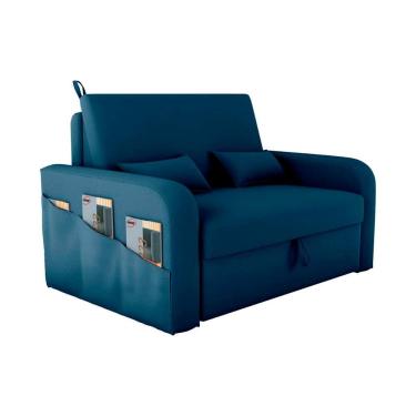 Imagem de Sofá Cama Lady Day 2 Lugares Reclinável 140 cm Azul Veludo Compacto com Baú Matrix