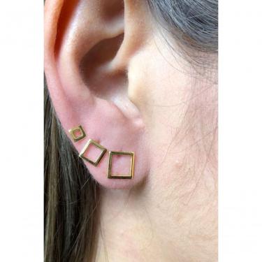 Imagem de Trio de Brincos Quadrados Floratta Joias Banhado em Ouro 18K Modelo F027 Dourado Feminino