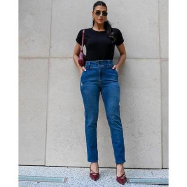 Imagem de CALÇA JEANS ESCURA RETA FEMININA CINTURA ALTA COM CÓS LARGO-Feminino