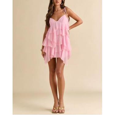 Imagem de Vestido Curto Feminino Babado Camadas Alça Fina Decote V Moda Festa El
