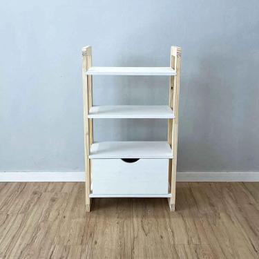 Imagem de Aparador Linea Slim 4 Prateleiras 1 Gaveta Madeira 54cm Branco e Natural Artfactory Design