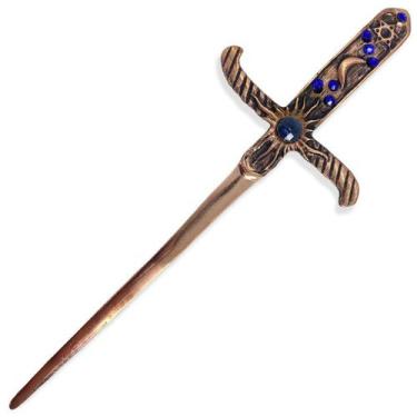 Imagem de Punhal Metal Cobre Envelhecido Com Pedra Azul e Strass - Lua Mistica