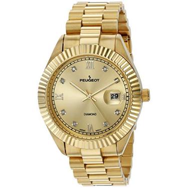 Imagem de Peugeot Relógio social luxuoso de diamante banhado a ouro 14K com bisel canelado e calendário, Dourado, Large, Japonês