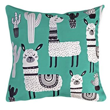 Imagem de Capa Almofada Sarja Turquesa com Temática Cactos e Lhamas 45x45 cm (Lhamas)