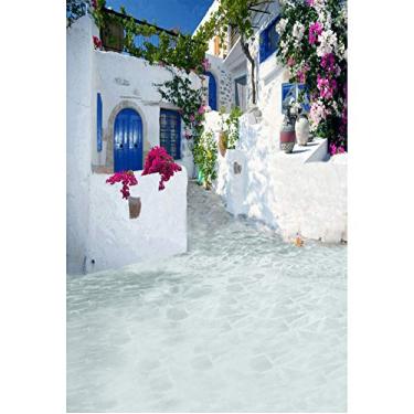 Imagem de Laeacco Pano de fundo da Grécia de 1,5 m x 2,1 m romântico Santorini cenário de foto de casamento mar egeu arquitetura grega pedra branca casa flores mamãe Mia tema festa de aniversário fundo família festa estúdio de foto adereço