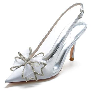 Imagem de Bombas Slingback femininas 8,5 cm salto alto de casamento bico fino sapatos de quadra vestido de festa de trabalho nó de formatura, Prata, 9