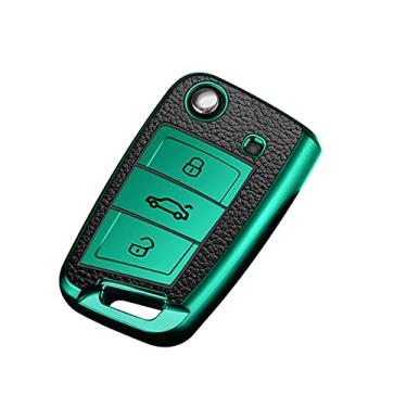 Imagem de YJADHU Capa de chave de carro TPU de couro dobrável com controle remoto chaveiro, apto para VW Volkswagen MK7 GTI 7 Golf 7 Golf R Skoda Octavia A7 SEAT, verde