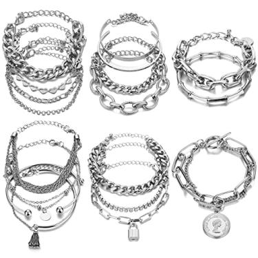 Imagem de 17IF 18 – 25 peças (pacote com 6) Conjunto de pulseiras de prata de ouro 14K para mulheres meninas Boho empilhável Y2K corrente em camadas multipack pulseiras ajustáveis punho italiano