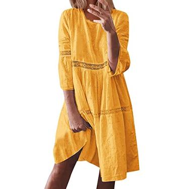 Imagem de UIFLQXX Vestidos de verão para mulheres 2023 Boho vestidos de gola lisa vestidos vazados manga 3/4 vestidos longos femininos, Amarelo, GG