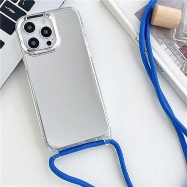 Imagem de Alça Cordão Corrente Colar Fita Estojo De Telefone Para iPhone 14 13 12 11 Pro Max 14Plus Espelho Acrílico À Prova De Choque Tampa Traseira TPU, Azul, Para iPhone 12 Pro