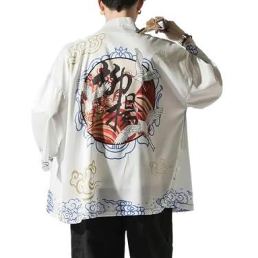 Imagem de Cardigã quimono estilo chinês com manto de guindaste roupas japonesas pretas jaquetas bomber orientais roupas de seda condicionador desgaste