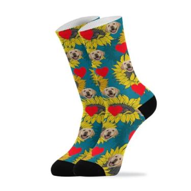 Imagem de junzan Meias personalizadas com foto de rosto presente personalizado girassóis meias personalizadas para mulheres meias personalizadas amarelo azul, Amarelo, azul, One Size