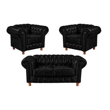Imagem de 1 Sofá 2,30cm + 2 Poltronas Chesterfield Luiz XV Suede Preto 