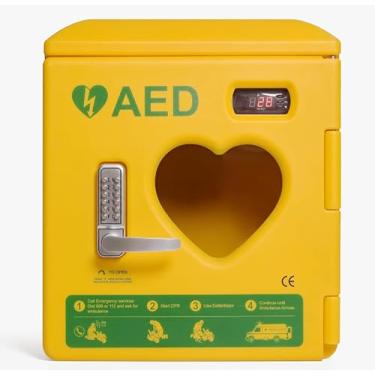 Imagem de Gabinete de armazenamento do desfibrilador AED, caixa de alarme AED de aço montada na parede, faixa de temperatura definida de -20-70 ℃, com sistema de controle de temperatura e alça, para se adequa