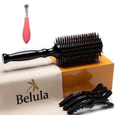Imagem de Belula Escova redonda de cerdas de javali para conjunto de secagem. Escova de cabelo redonda com barril de madeira pequeno de 5 cm. Escova de cabelo ideal para adicionar volume e corpo. 3 x grampos de cabelo e bolsa de viagem.