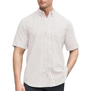 Imagem de Sedyrak Camisa de manga curta masculina de linho de algodão com ajuste regular casual com botão e bolso frontal, Faixa branca cinza 381, 6G