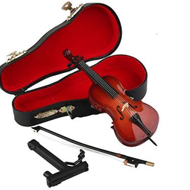 Imagem de Dselvgvu Miniatura de madeira para violoncelo com suporte, arco e estojo, mini instrumento musical, réplica de violoncelo, estatuetas colecionáveis, acessórios para casa de bonecas, modelo, decoração