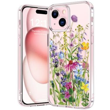 Imagem de bicol Capa projetada para iPhone 15 Plus, capa transparente com designs modernos para meninas e mulheres, capa protetora para telefone de acrílico à prova de choque de ajuste fino 6,7 polegadas, flores desabrochando