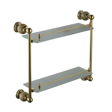 Imagem de ANNBKA Prateleiras de chuveiro, organizador de banheiro de pedra e latão, prateleira de banheiro, prateleira dupla, cobre puro e vidro, ferragens para banheiro