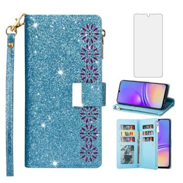 Imagem de Capa de telefone para Samsung Galaxy A05 capa carteira com protetor de tela de vidro temperado e alça de pulso de couro brilhante com zíper flip suporte para cartão de crédito suporte celular Ao5 A 05