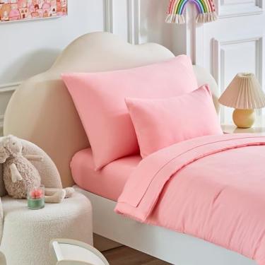 Imagem de Jogo de cama infantil – 5 peças, macio e respirável, inclui edredom acolchoado, lençol de cima, fronha padrão e fronha infantil, rosa