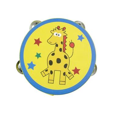Imagem de YIJU Pandeiro de madeira Tambor de mão Tambor de mão Sino de tambor de duas fileiras Tambor de mão para dança de concerto KTV Jogo Brinquedos Meninos, Girafa Amarela, 15cm