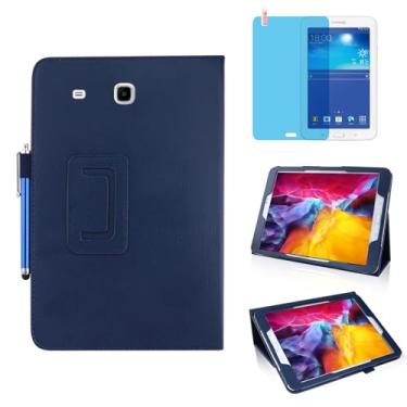 Imagem de Capa de couro fina para Samsung Galaxy Tab 3 Lite de 7,0 polegadas 2014 (SM-T110 T111 T113 T116), suporte multiângulo, capa protetora completa para tablet com caneta Stylus, película de tela (azul)