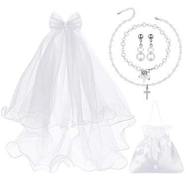 Imagem de JenPen Conjunto de acessórios de primeira comunhão de 5 peças, inclui laço e pingente com véu no pente de cabelo, bolsa de flor de cetim de comunhão, pulseira de brincos de colar de pérolas para