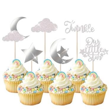 Imagem de 24 Pack Little Star Cupcake Toppers Glitter Moon Cloud Cupcake Picks Twinkle Star Baby Shower Kids Birthday Wedding Party Cake Decorations Supplies Silver