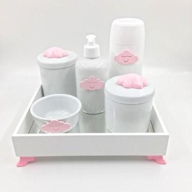 Imagem de Kit Higiene Bebê Porcelana Nuvem Rosa Bandeja Mdf Garrafa 6pçs - TG De