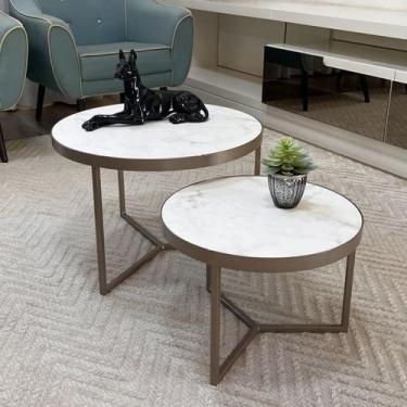 Imagem de Conjunto Mesa de Centro Redonda Dallas Marmorizado Branco - BELI HOUSE