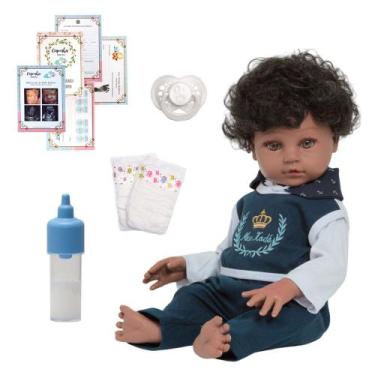 Imagem de Bebê Reborn Menino Cabelo Cacheado Kit Acessórios Pode Banho - Cegonha