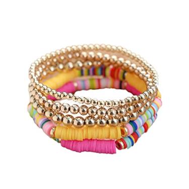 Imagem de COLORFUL BLING 5 pçs/pacote Bohemia Surfer pulseira empilhável com contas de ouro arco-íris disco de vinil pulseiras elásticas amizade boho verão praia joia, contas, Miçanga