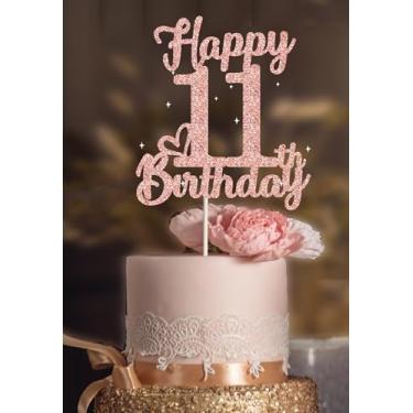 Imagem de 11th Birthday Cake Topper - Double Sided Rose Rose Gold Glitter, Happy 11th birthday Cake Topper for girls,11 Cake Topper For girls, 11th birthday decorations,11th Birthday Cake Topper Eleven