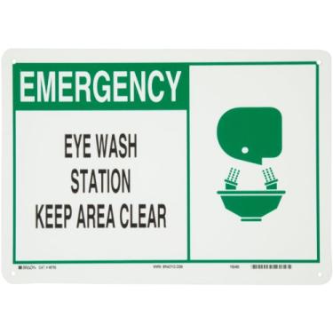 Imagem de Brady 46760 35.6 cm Largura x 25.4 cm Altura B-555 Alumínio, Verde e Preto em Branco Sinal de Alerta, Cabeçalho "Emerge", Legend "Eye Wash Station Keep Area Clear" (com Picto)