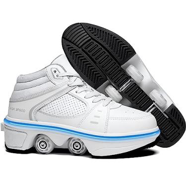 Imagem de Tênis de patins 2 em 1 com 4 rodas retráteis, tênis de patinação para esportes ao ar livre para meninas e meninos, Cano alto branco, 33
