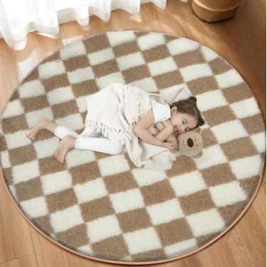 Imagem de TOOHUB Tapete supermacio, tapete redondo para quarto, 1,8 x 1,8 m, bege e branco, tapete redondo antiderrapante, fofo, macio, macio para sala de estar, quarto, quarto de crianças