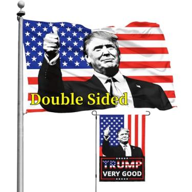 Imagem de Hapioen Donald-Trump Very Good Thumbs Up Bandeira Americana 10 x 15 m e bandeiras de jardim 30 x 45 cm Bandeira dupla face Trump para pendurar na parede, tapeçaria interna, decoração de quintal ao ar