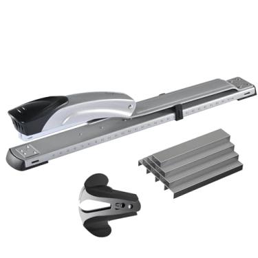 Imagem de Craftinova Grampeador de longo alcance, com 2000 grampos e removedor de grampeador, tira completa, capacidade de 20 a 25 folhas, com régua embutida e guia de papel de bloqueio ajustável, prateado